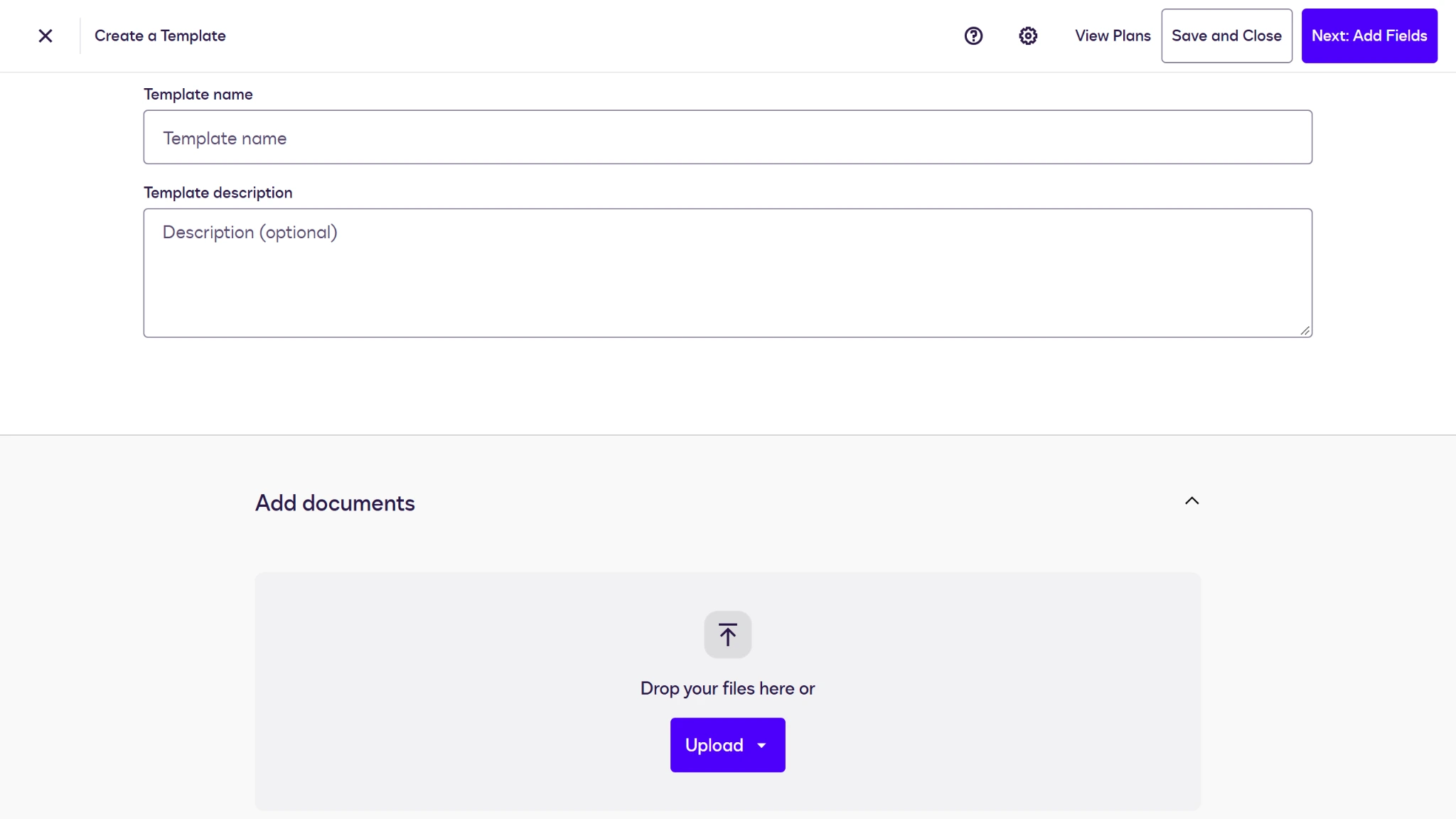 Screenshot of the Docusign Agreement Template Builder with the Add documents section open