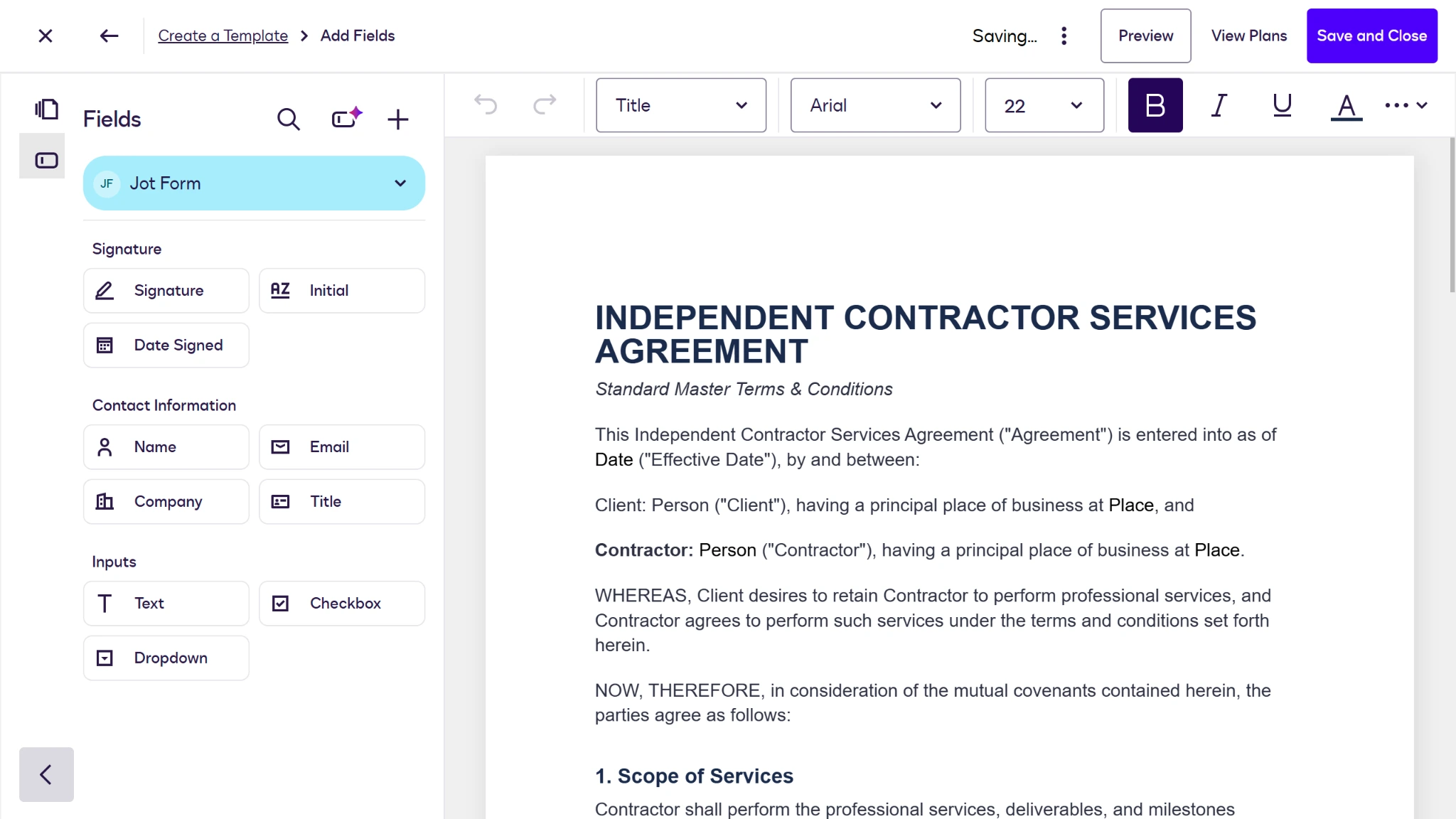 Screenshot of the Docusign Agreement Template Builder with the Add Fields page open