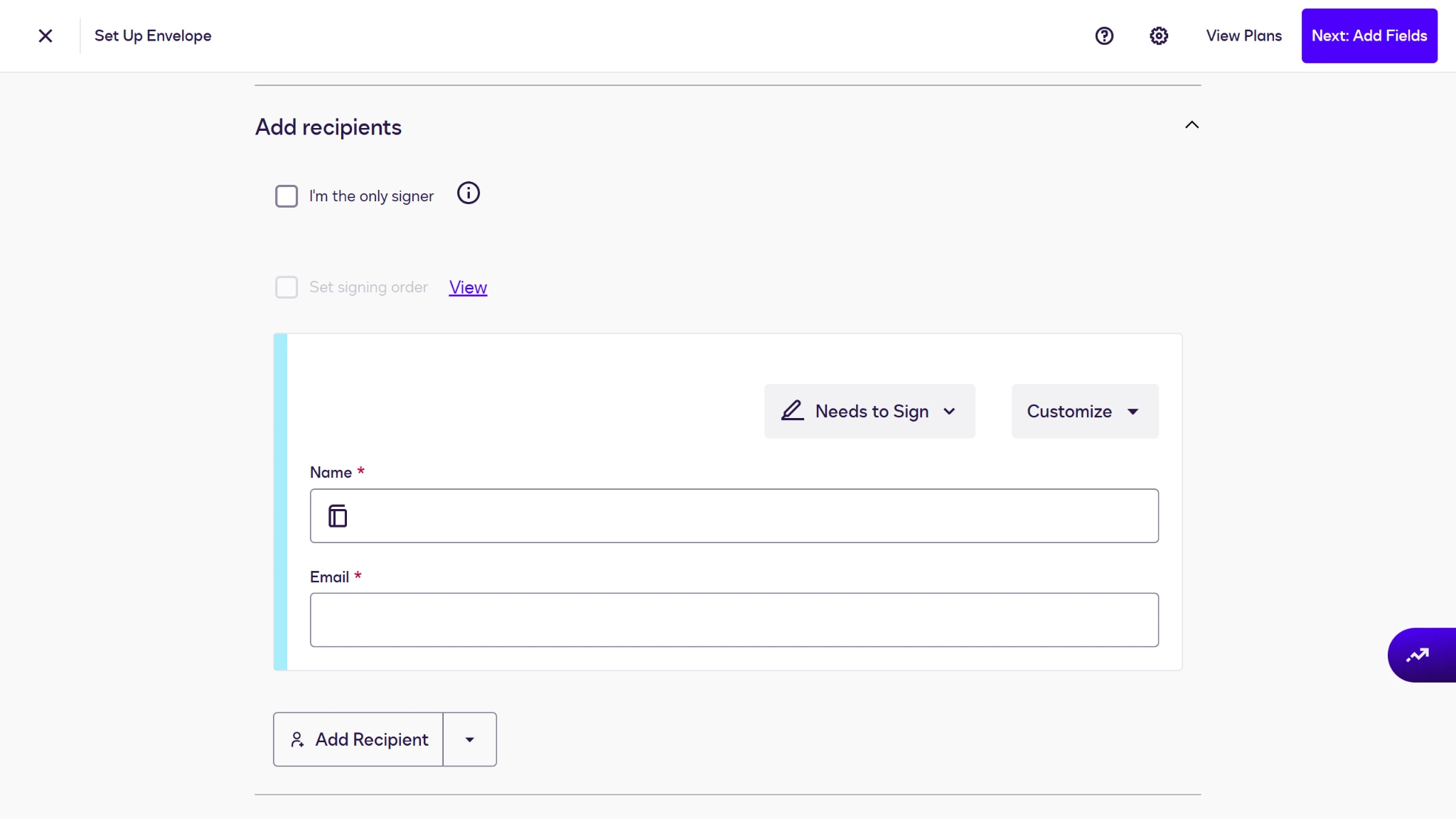 Screenshot of the Docusign Set Up Envelope screen, with the Add recipients dropdown open