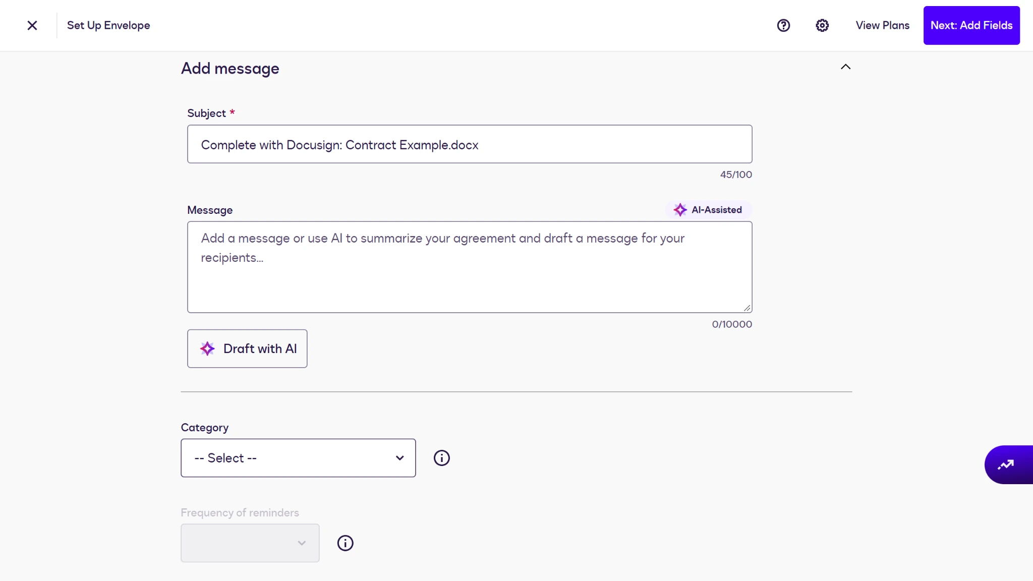 Screenshot of the Docusign Set Up Envelope screen, with the Add message dropdown open