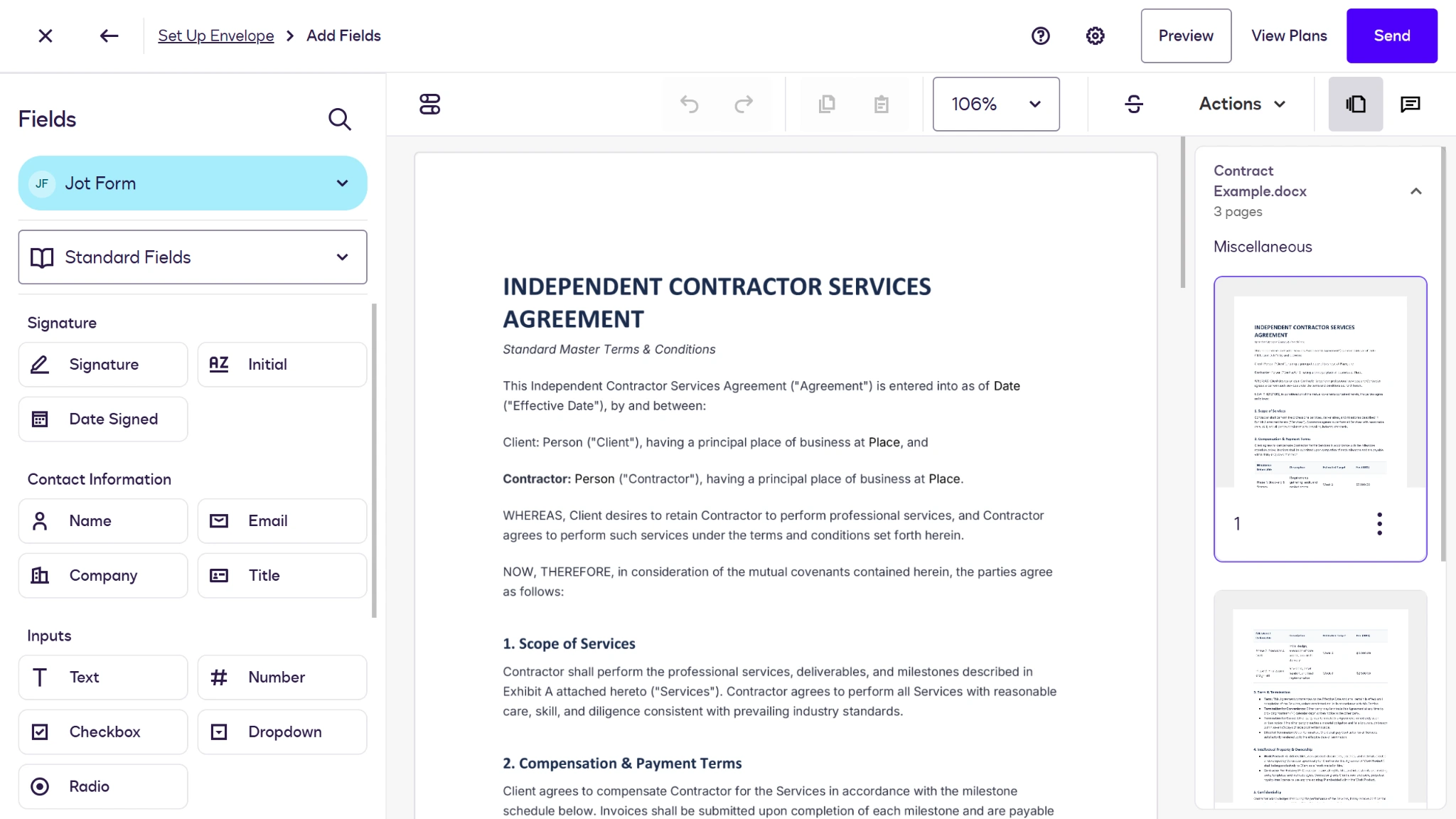 Screenshot of the Docusign Add Fields page