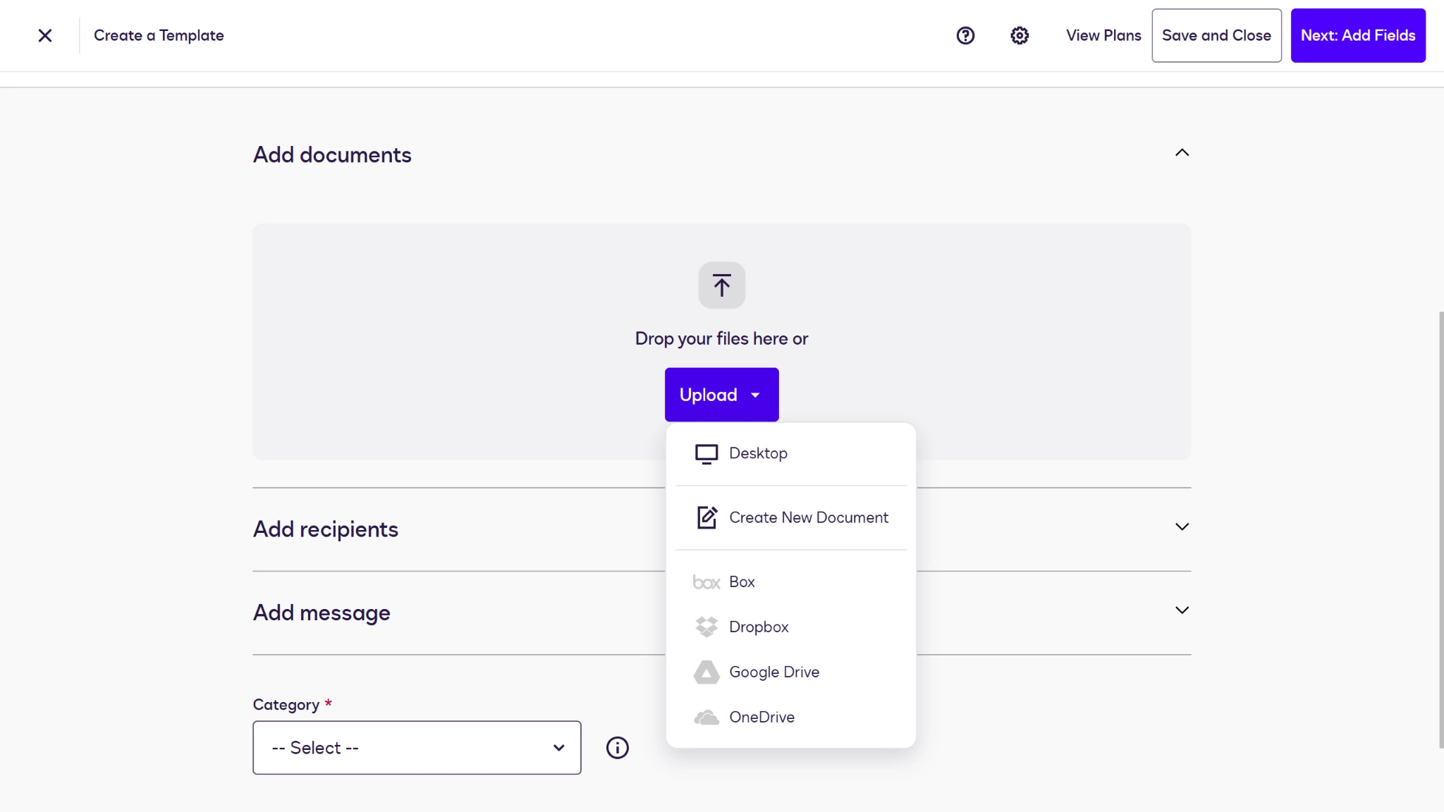 Screenshot of the Docusign Agreement Template Builder with the Add documents section open and the Upload dropdown selected
