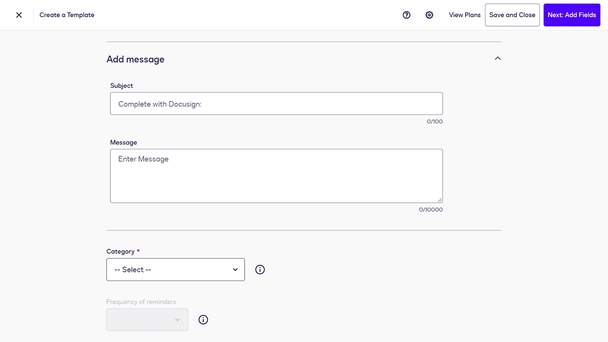Screenshot of the Docusign Agreement Template Builder with the Add message dropdown open