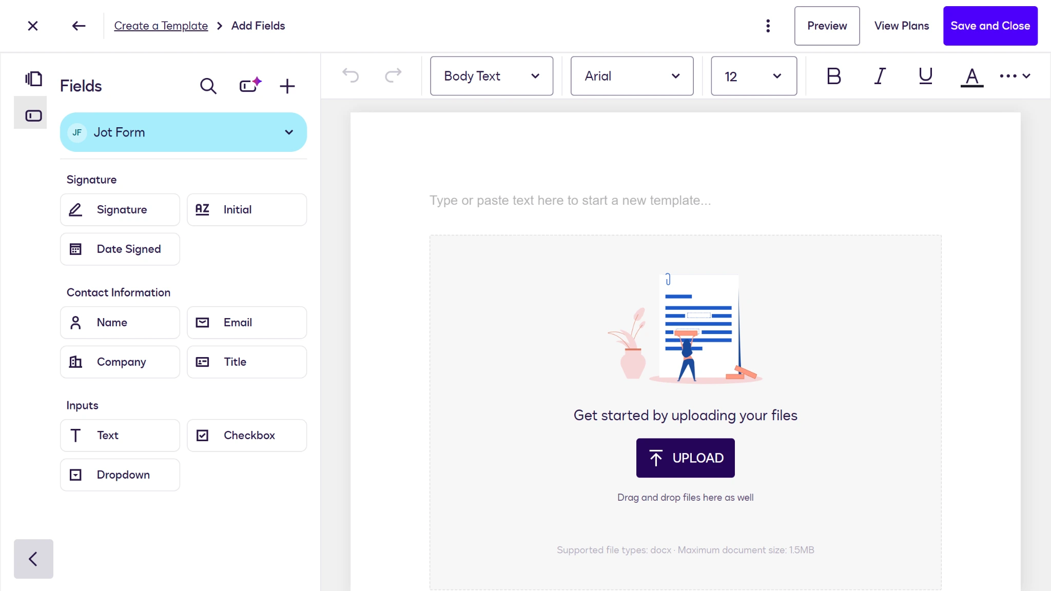 Screenshot of the Docusign Agreement Template Builder with the Add Fields page open