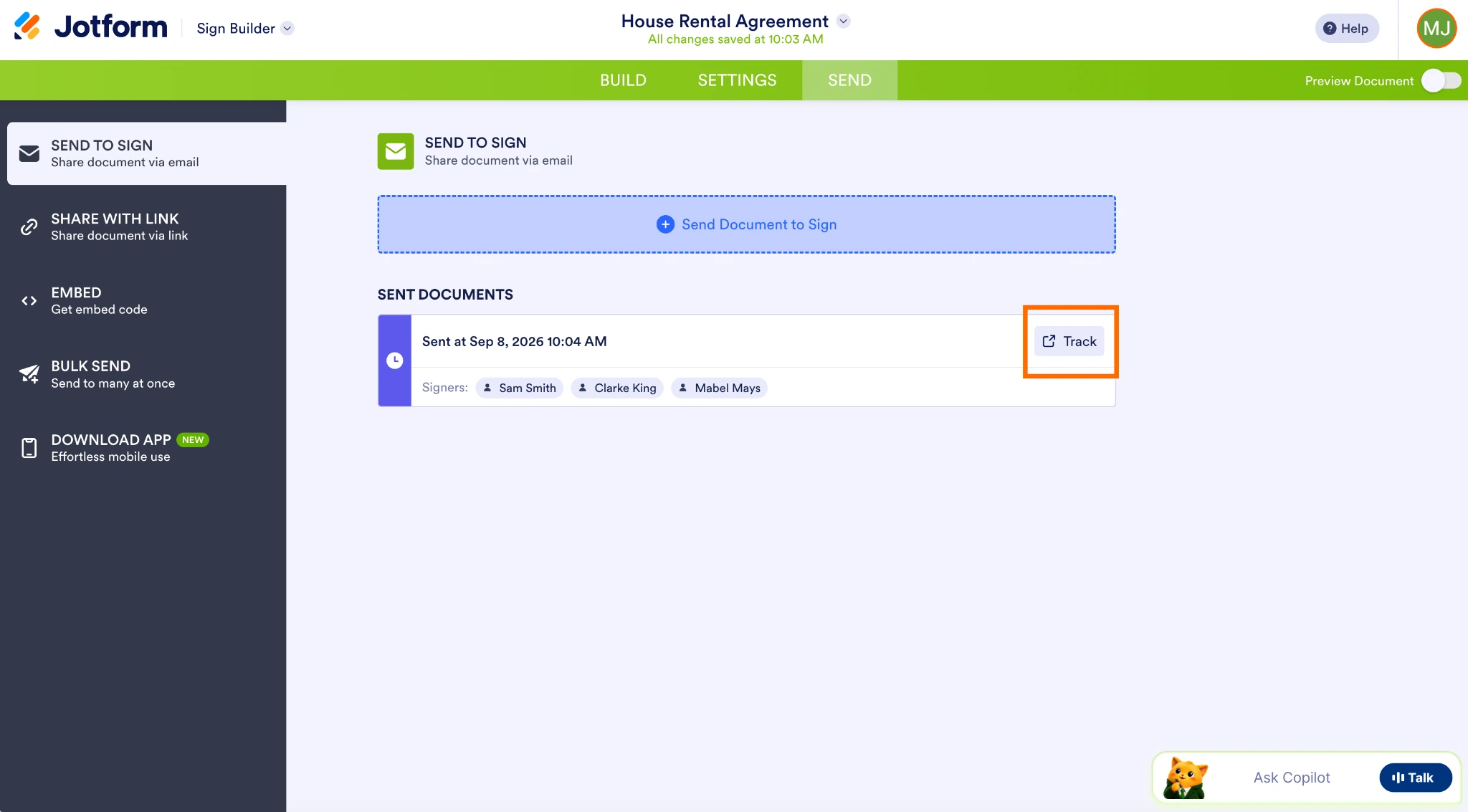Jotform Sign Builder interface with the Track button highlighted next to a sent document
