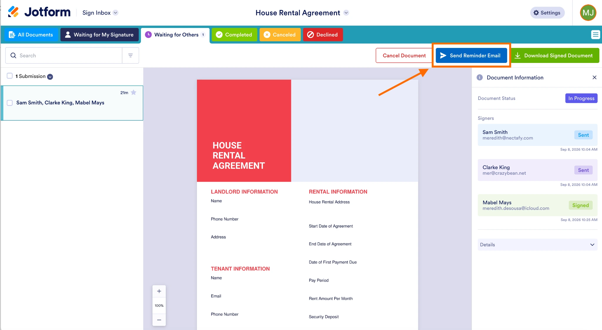 Jotform Sign Inbox interface with an arrow pointing to the Send Reminder Email button