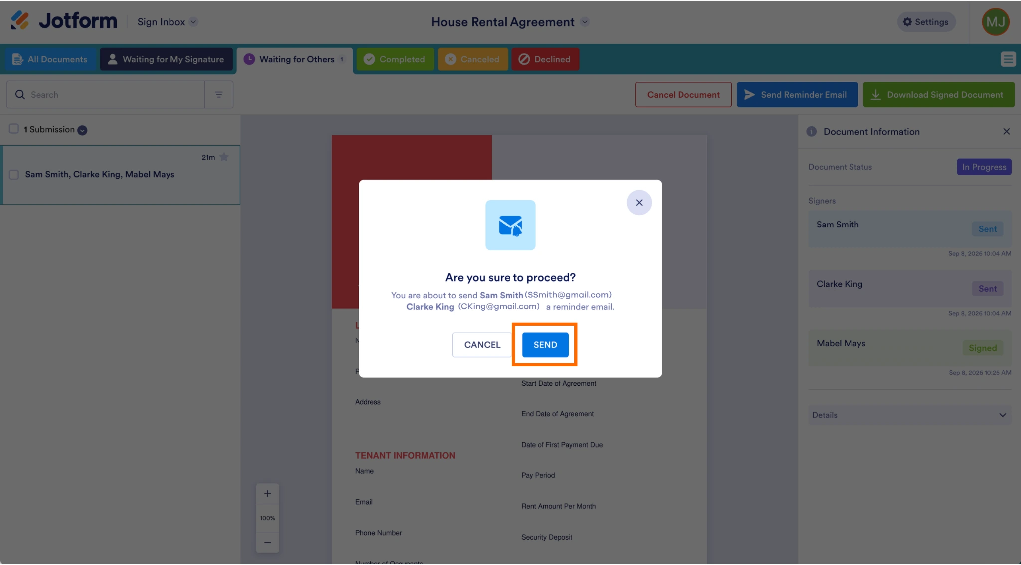 Jotform Sign Inbox interface with the Send button highlighted in the popup box that appears