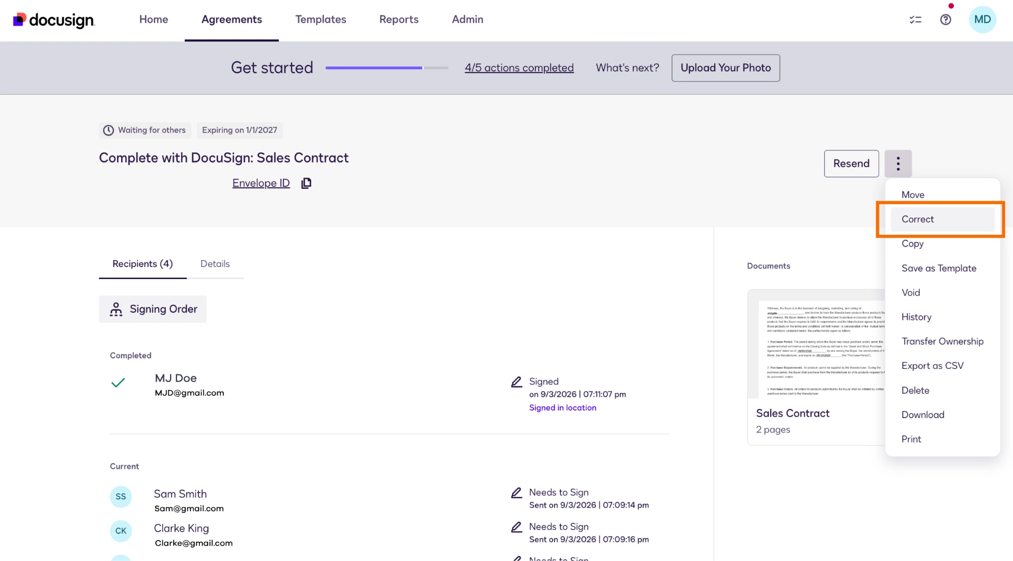 Docusign interface with the Correct button highlighted in the three-dot menu next to the Resend button of an agreement