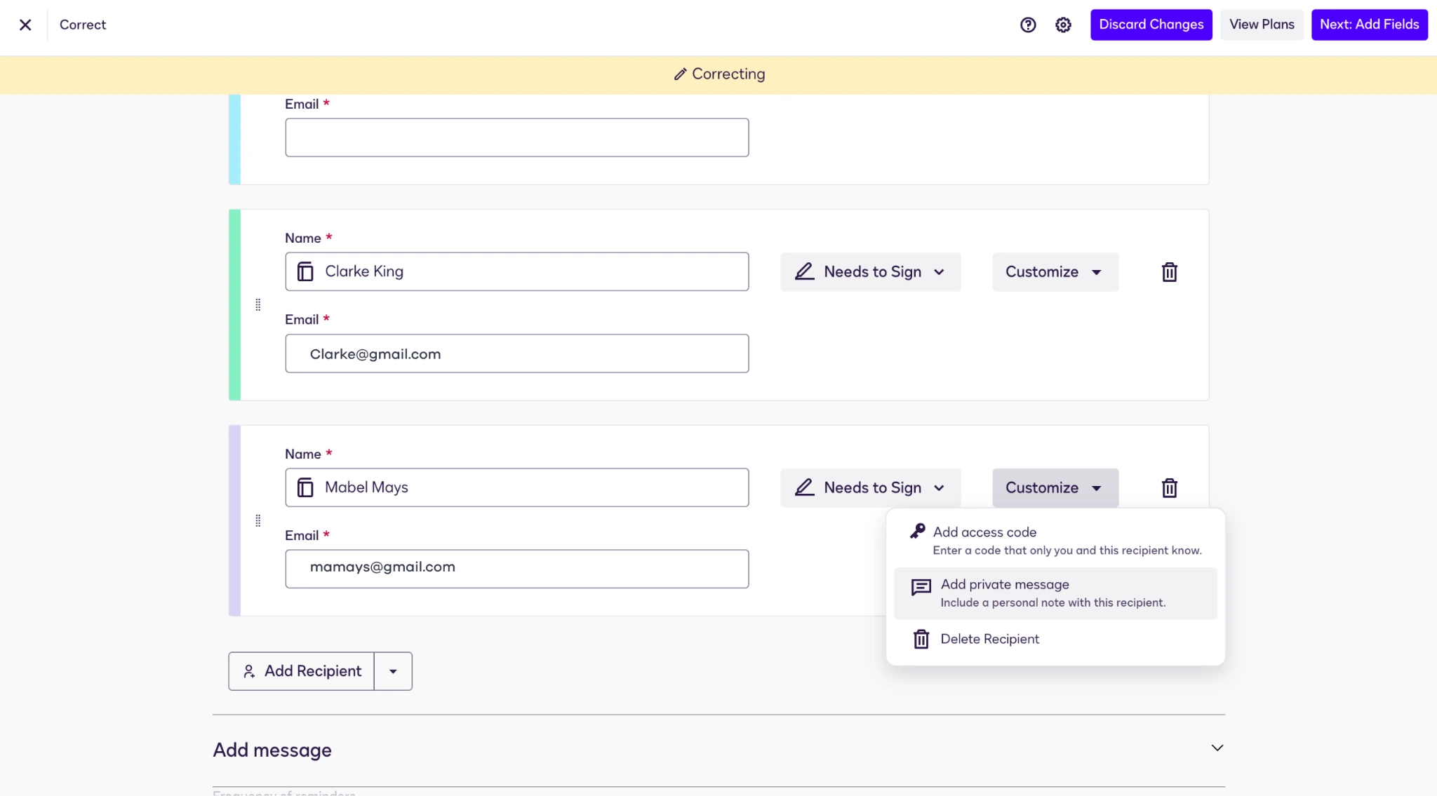 Docusign interface showing the "Add private message" option in the Customize dropdown menu next to a recipient's name