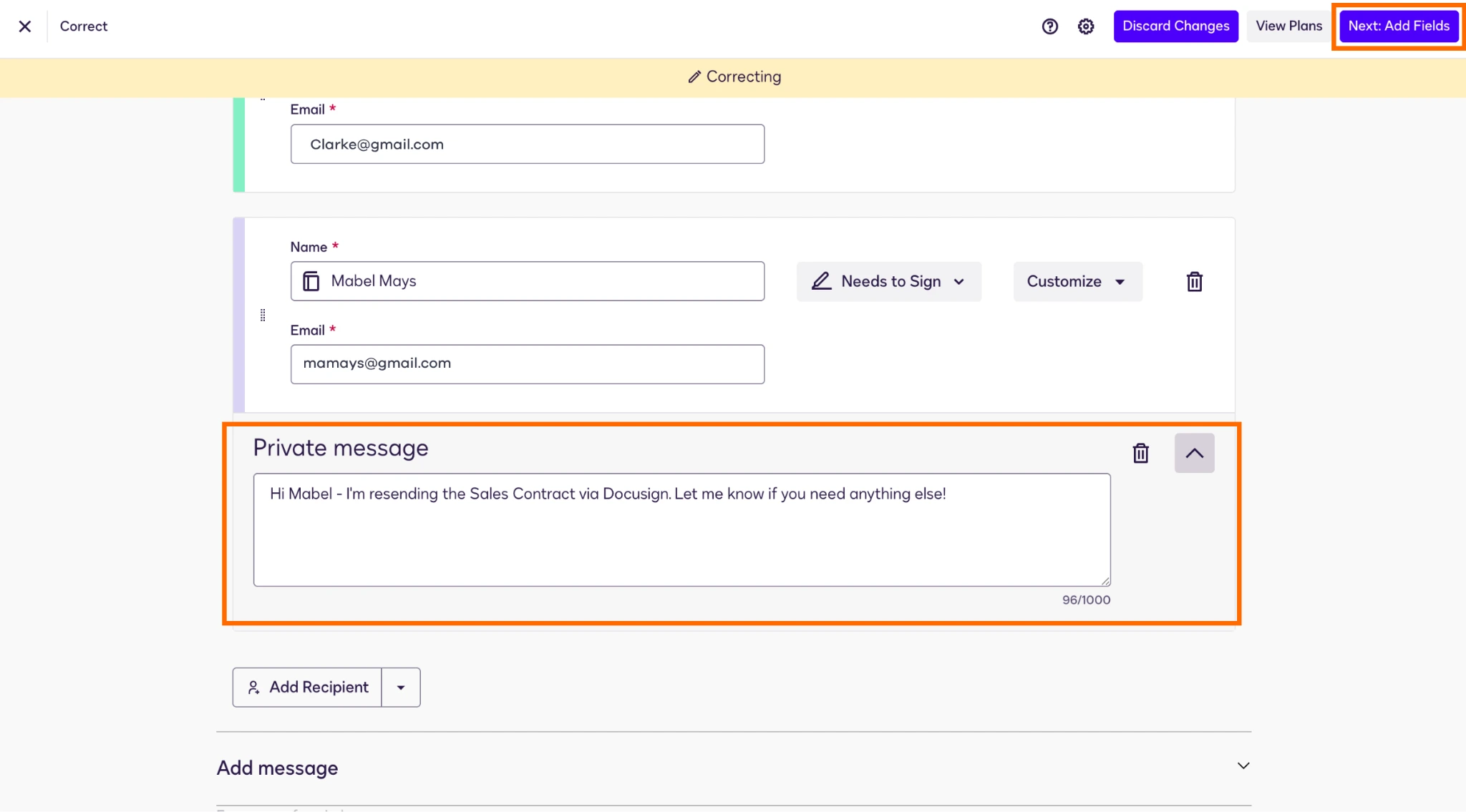 Docusign interface with the Private message text box highlighted, as well as the "Next: Add Fields" button in the top menu