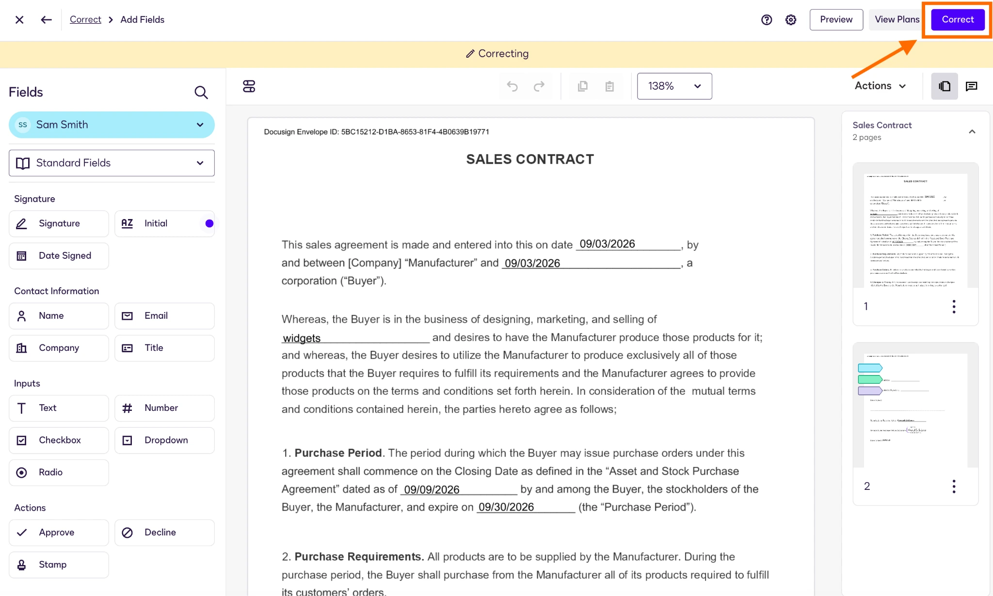 Docusign interface with the Correct button highlighted in the top menu