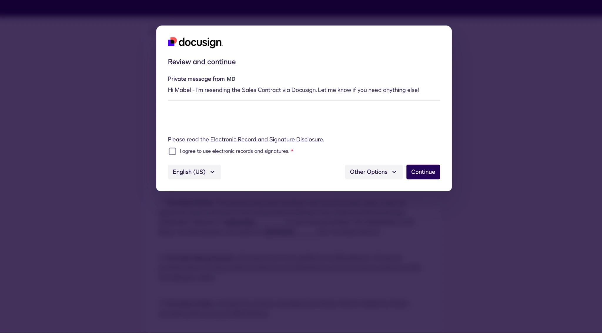 Docusign interface showing a preview of the private message and a Continue button to send it