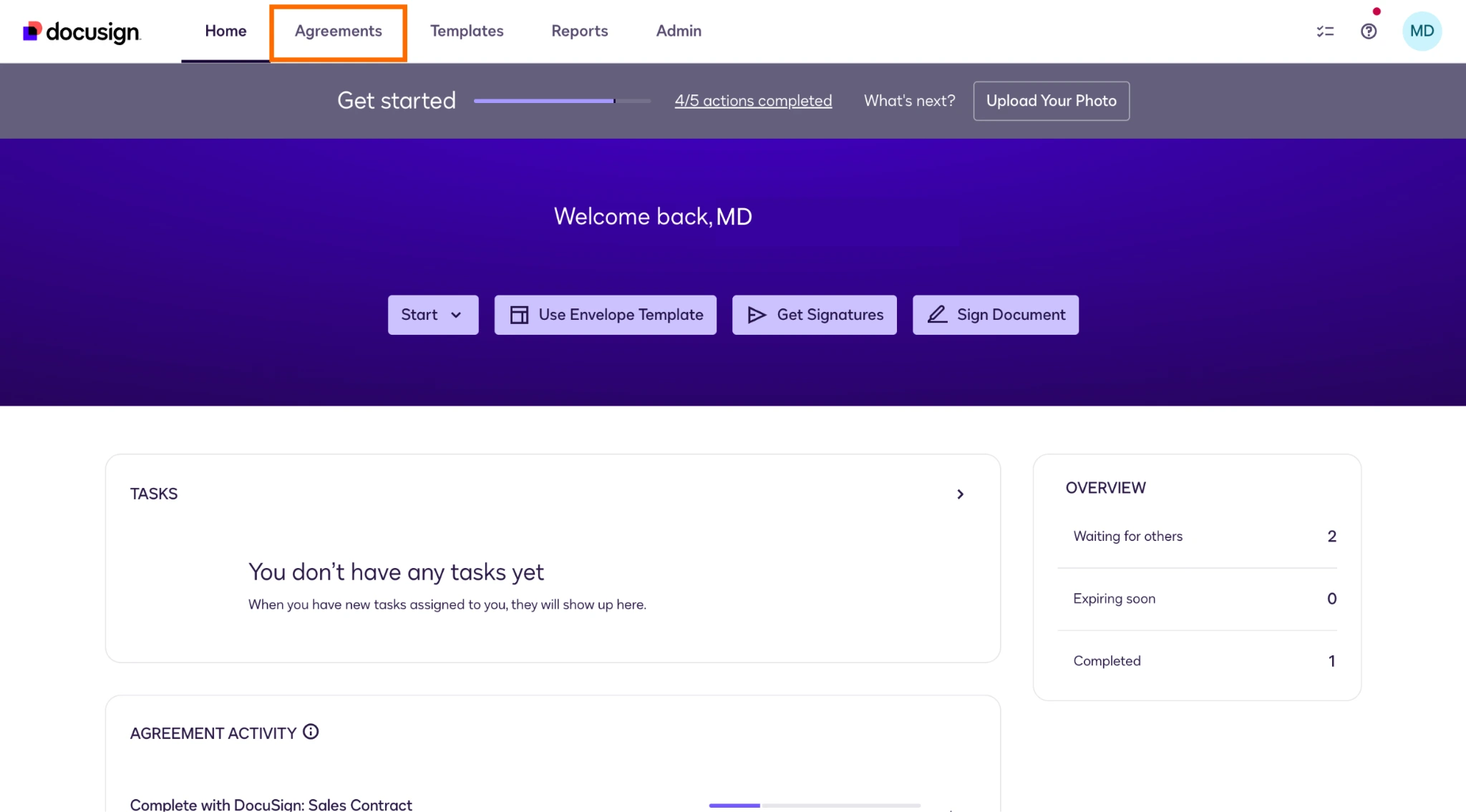 Docusign interface with the Agreements tab highlighted in the top menu