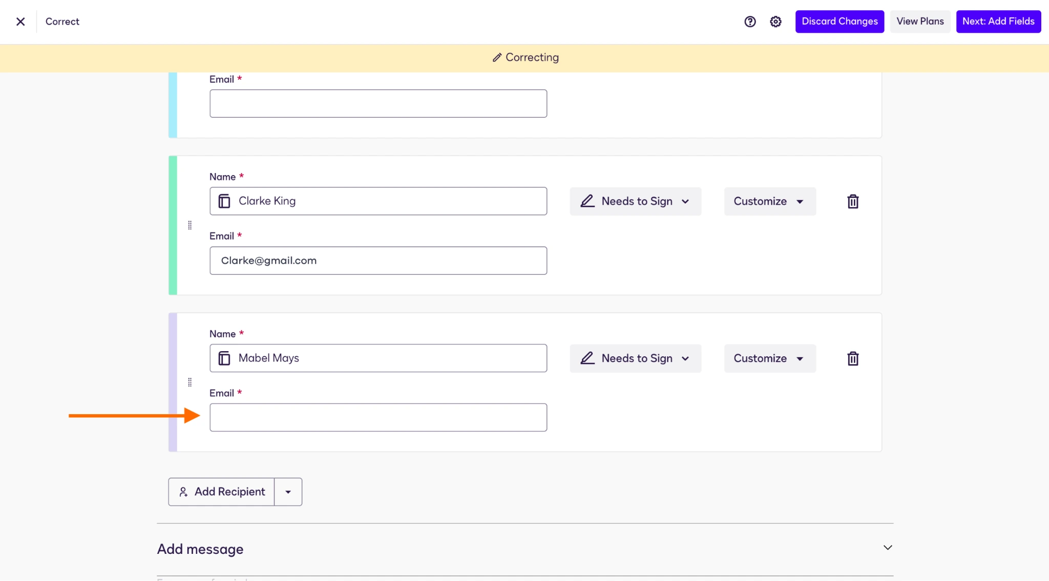 Docusign interface with an arrow pointing to the Email field next to a recipient's name