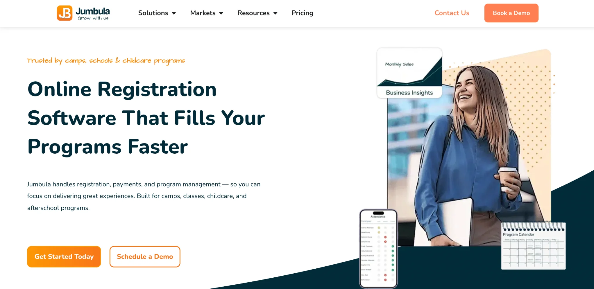 Jumbula homepage showcasing online registration software for camps, schools, and childcare programs