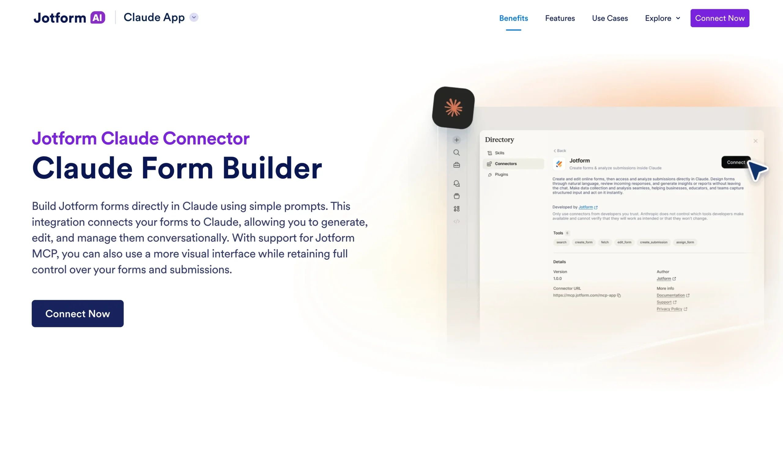 Jotform Claude Connector landing page explaining how to build forms directly in Claude