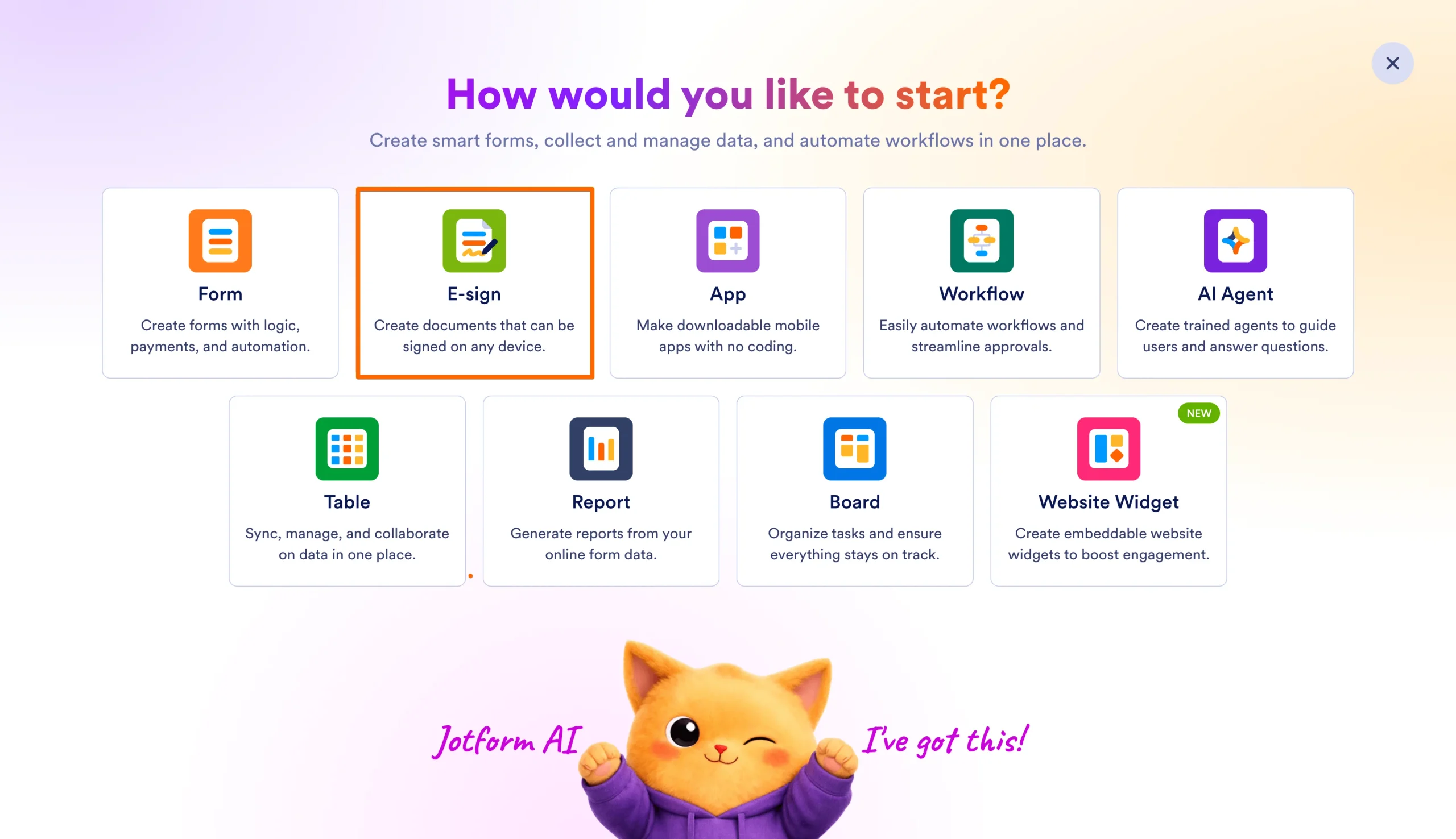 Jotform creator menu showing the E-sign option selected for creating signable documents