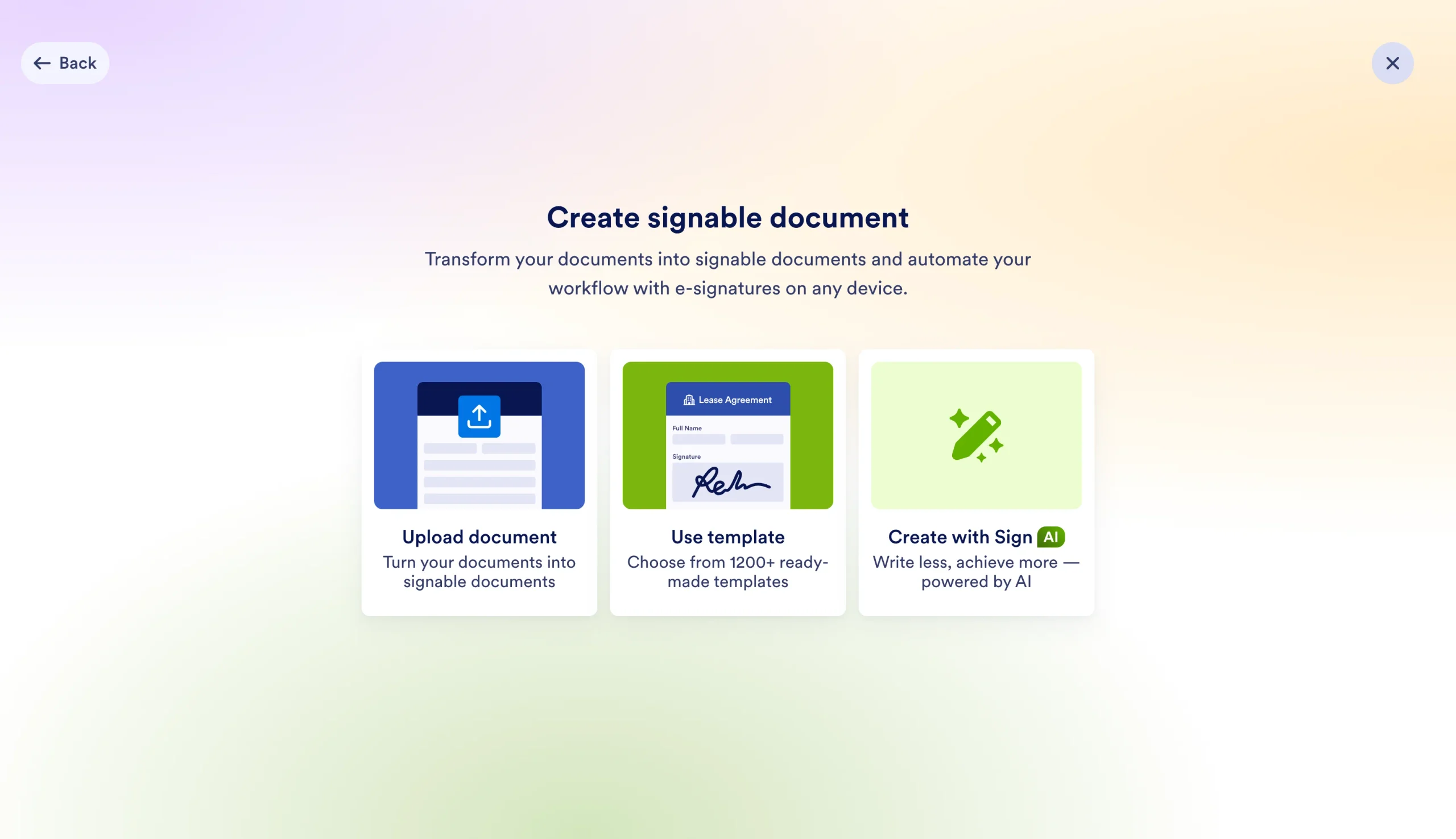 Jotform E-sign setup screen offering document upload, premade templates, and Sign AI options