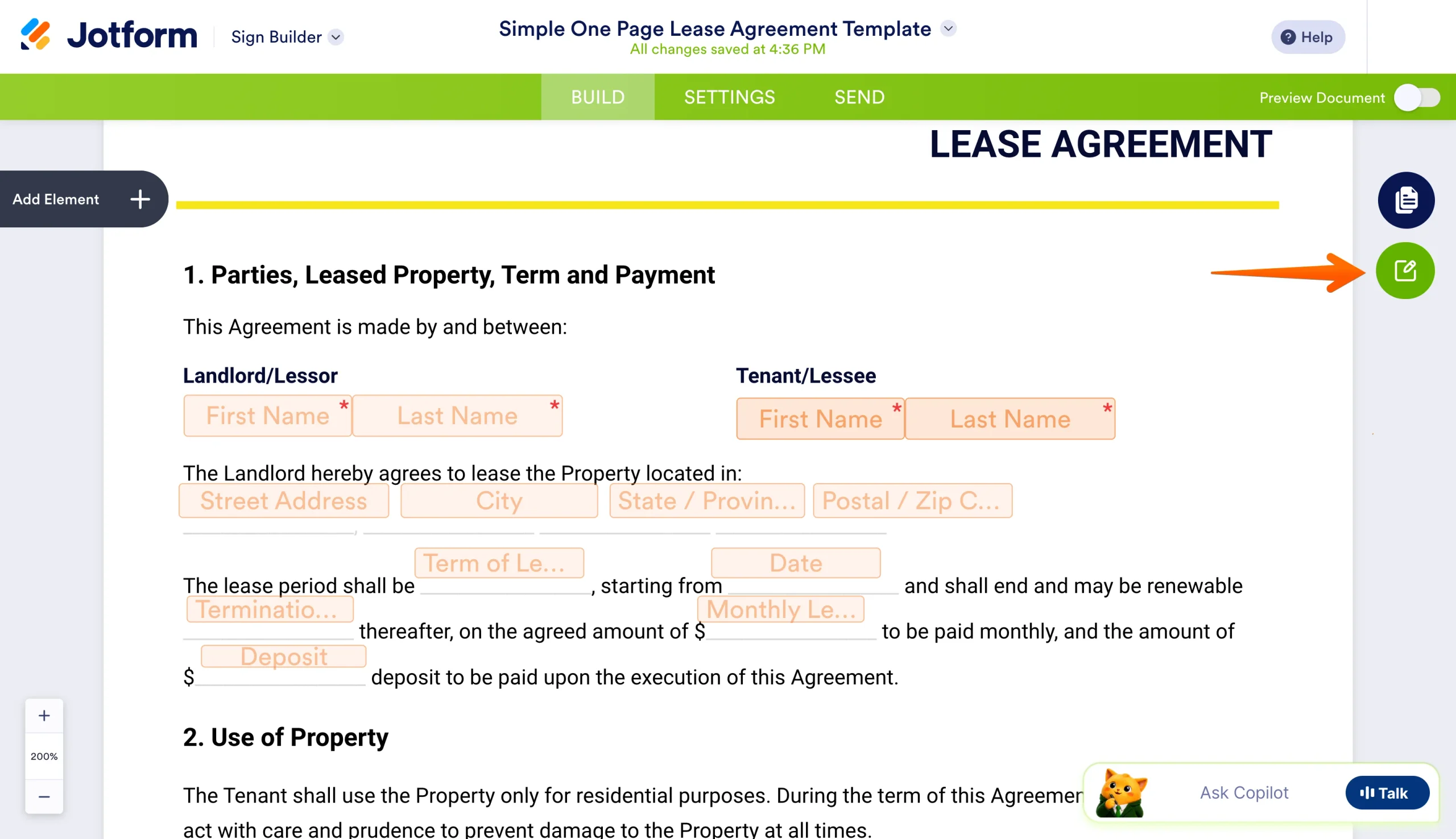 Jotform Sign Builder showing the Edit Document button for modifying contract text