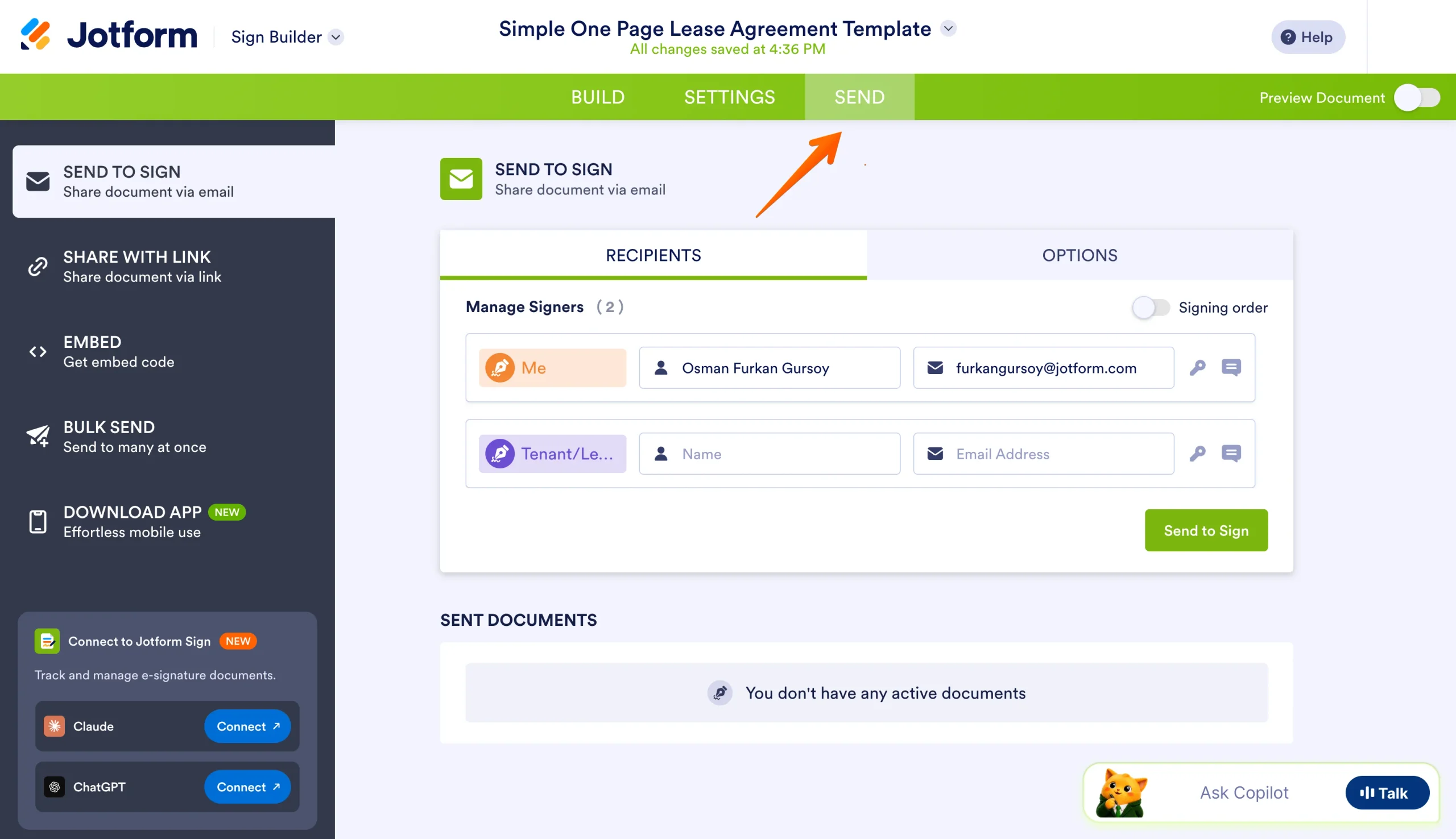 Jotform Sign Send tab showing options to share contracts via email, link, or embedding