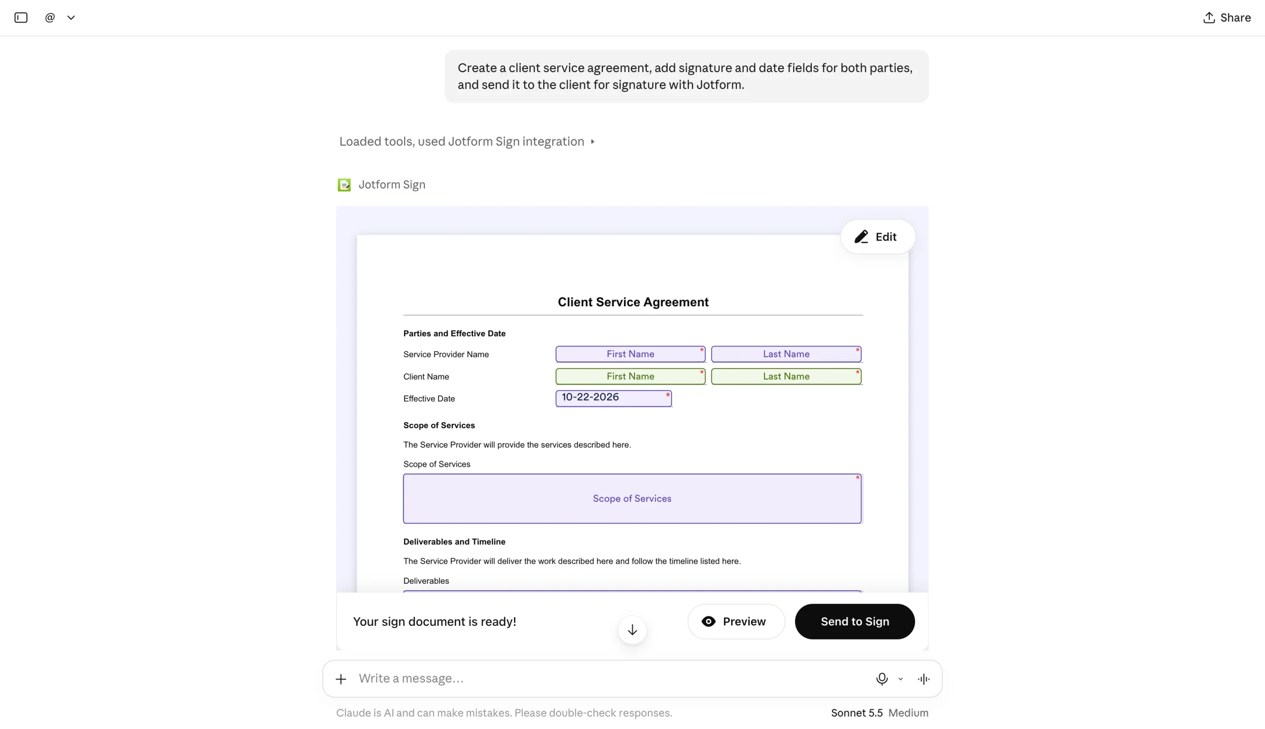 Claude conversation displaying a Jotform Sign client service agreement ready for review and signing