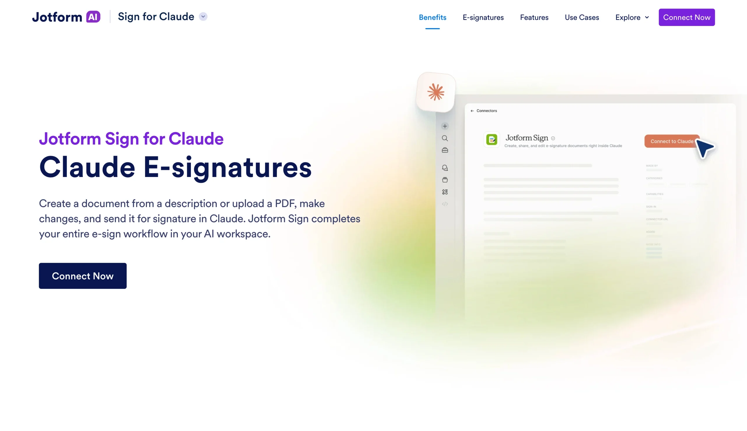 Jotform Sign for Claude landing page highlighting electronic signature and document creation features