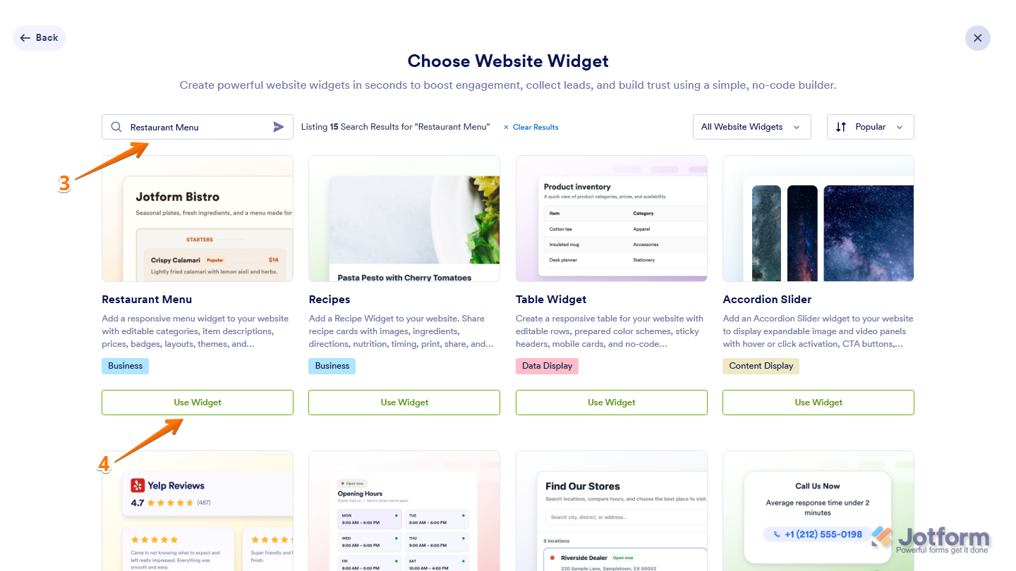 Jotform Choose Website Widget menu showing Restaurant Menu entered in the upper-left Search bar, with the Use Widget button visible in the search results