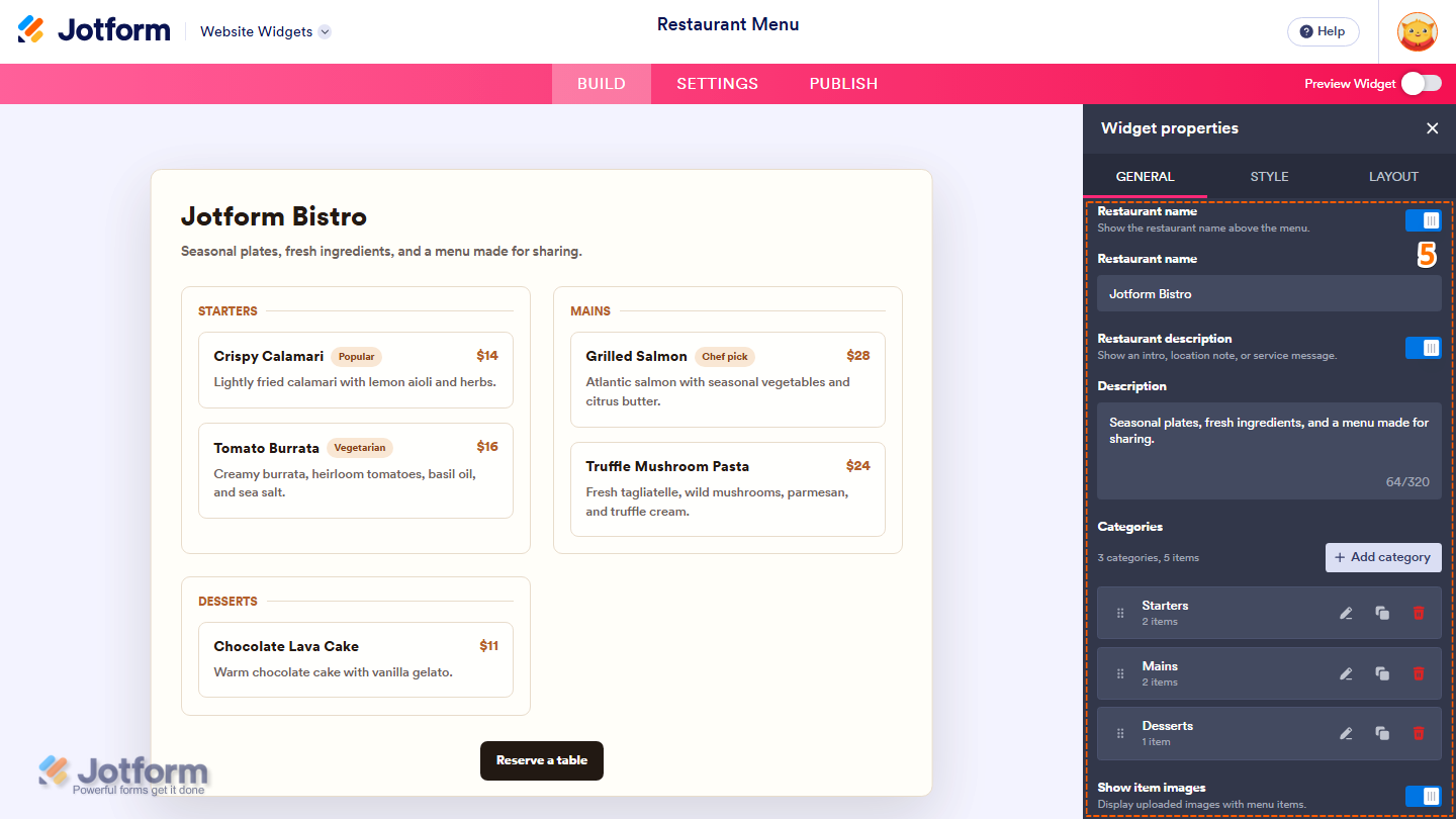 Jotform Restaurant Menu widget properties menu showing settings for Restaurant Name, Restaurant Description, Description, Categories, and Show Item Images to customize the menu display
