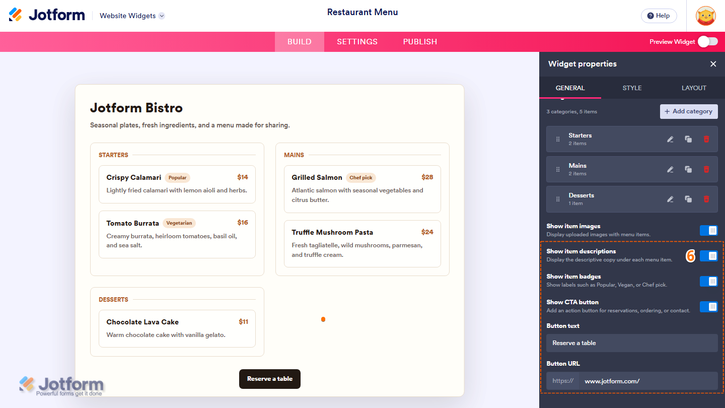 Jotform Restaurant Menu widget properties menu showing Show Item Descriptions, Show Item Badges, Show CTA Button, Button Text, and Button URL options for customizing menu details and the call-to-action button