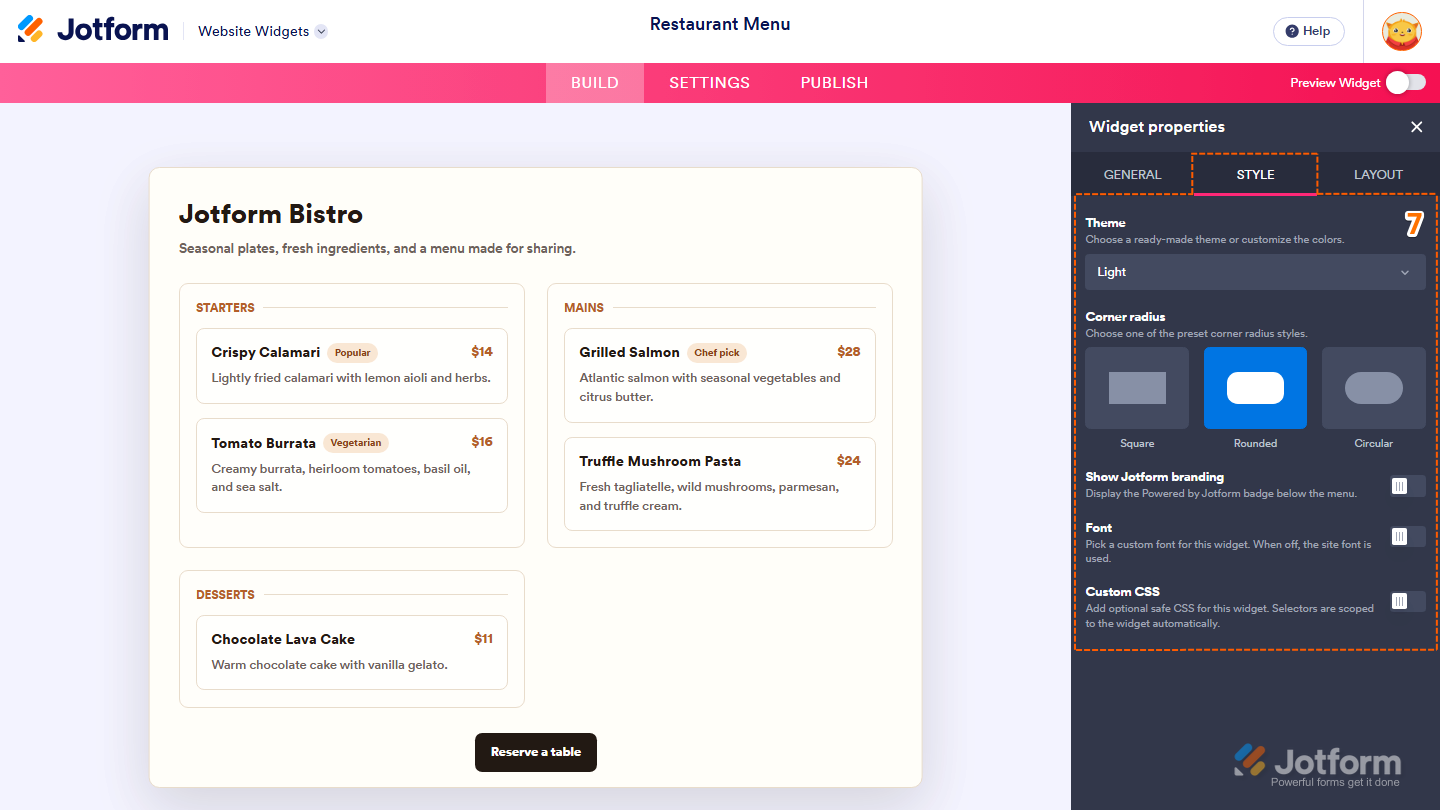 Jotform Restaurant Menu widget Style tab showing Theme, Corner Radius, Show Jotform Branding, Font, and Custom CSS settings for customizing the widget’s appearance