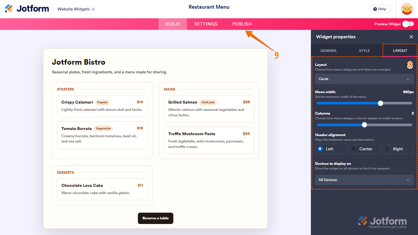 Jotform Restaurant Menu widget Layout tab showing settings for Layout, Menu Width, Columns, Header Alignment, and Devices to Display On, with the Publish button visible in the pink navigation bar