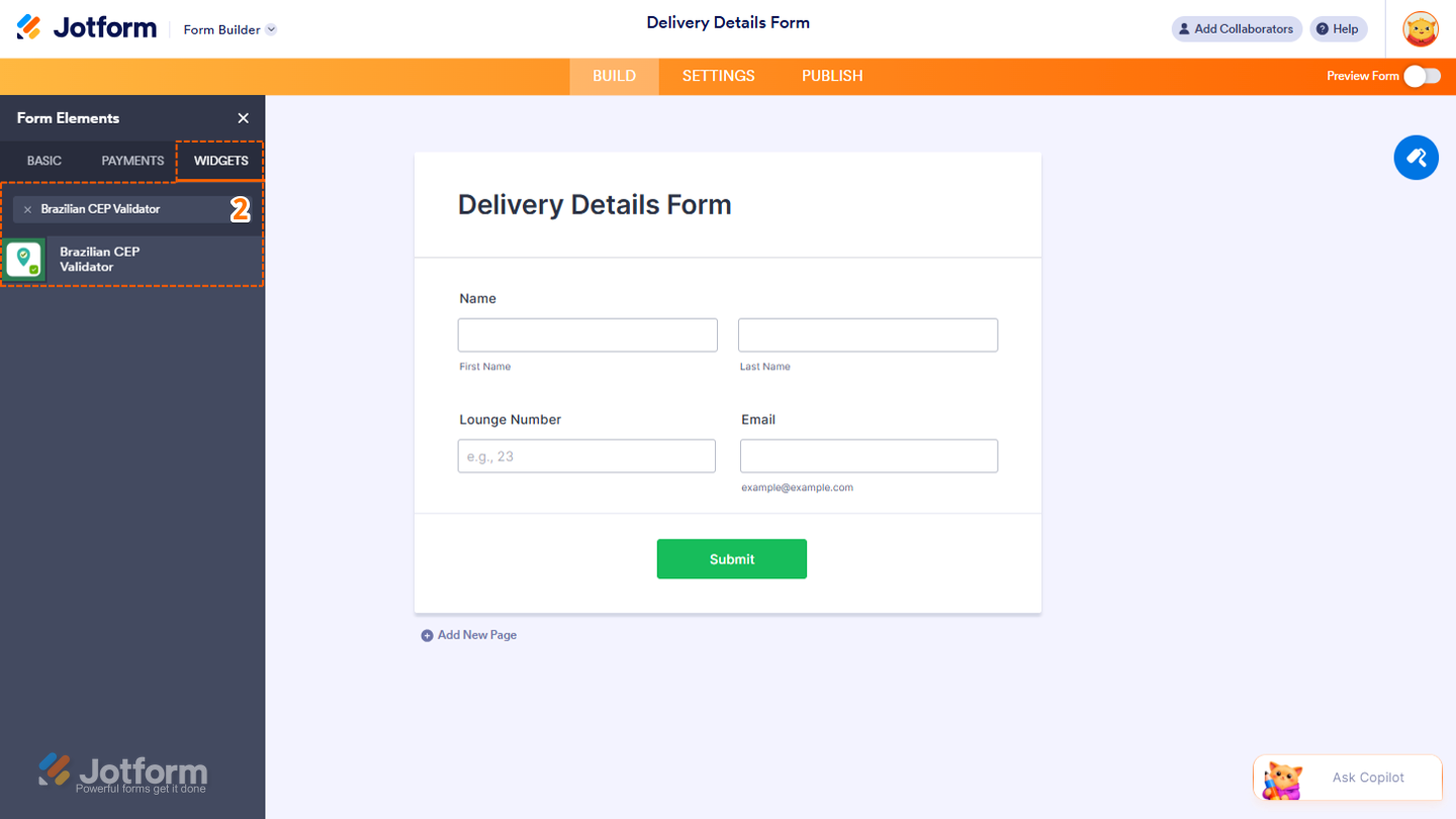 Menú Elementos del formulario, en la pestaña Widgets, con el widget Validador de CEP brasileño en los resultados de búsqueda, listo para seleccionarlo o arrastrarlo y soltarlo en el formulario
