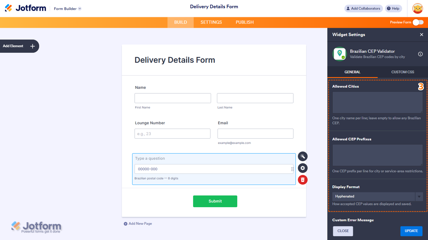 Menú Configuración del widget Validador de CEP brasileño con las opciones para definir las ciudades permitidas, los prefijos de CEP permitidos y el formato de visualización, con el fin de controlar los CEP aceptados y cómo se muestran y se guardan