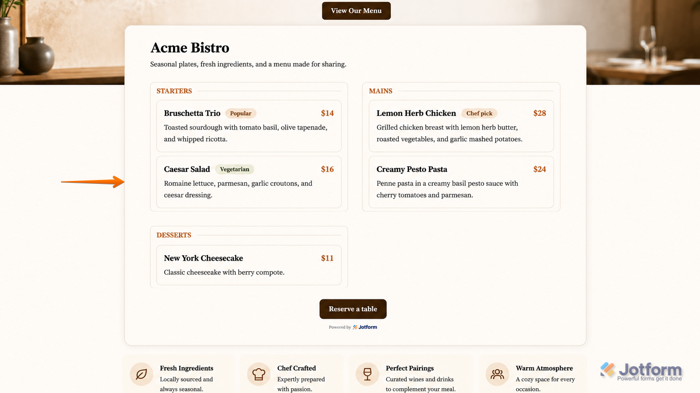 Jotform Restaurant Menu widget displayed on a website with the selected restaurant name, description, menu categories, item images, styling, layout, and call-to-action settings applied