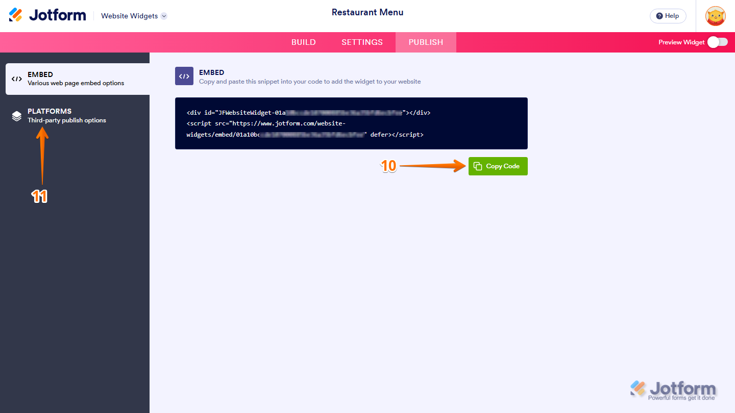 Jotform Restaurant Menu widget Embed section showing the Copy Code button, with the Platforms option available in the left-side menu for viewing embedding instructions