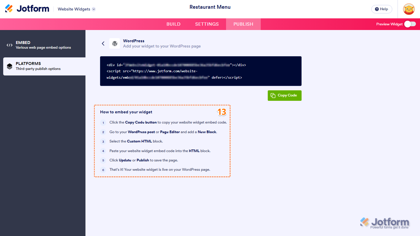 Jotform Restaurant Menu widget How to Embed Your Widget section displaying step-by-step instructions for adding the widget to a website