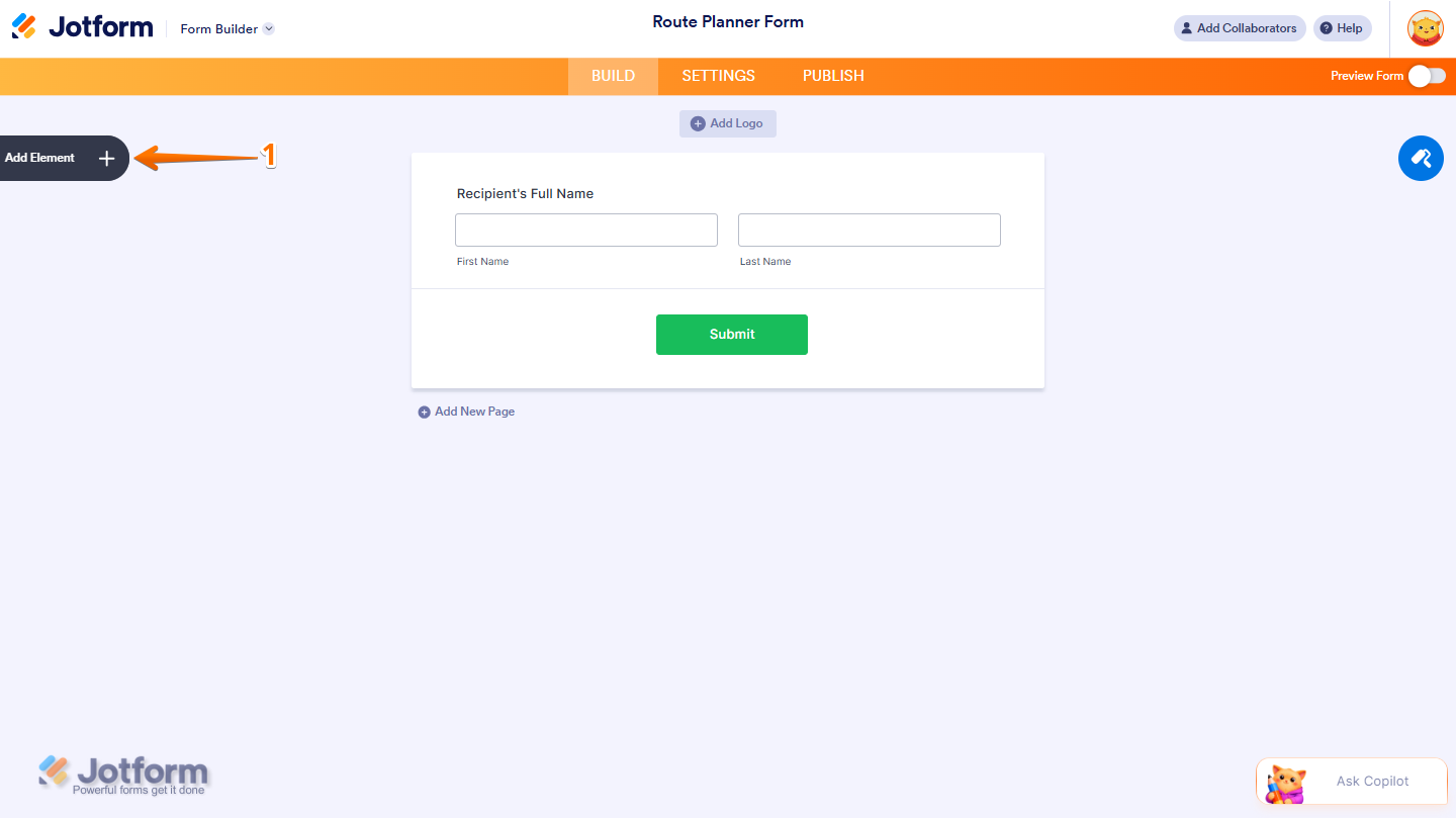 Form Builder showing the Add Element button on the left side of the page, ready to add a new element to the form