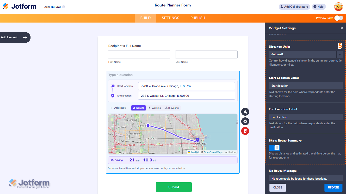 Route Planner Map Widget Settings menu showing options to set Distance Units, customize the Start Location Label and End Location Label, and enable Show Route Summary to display the route distance and estimated travel time