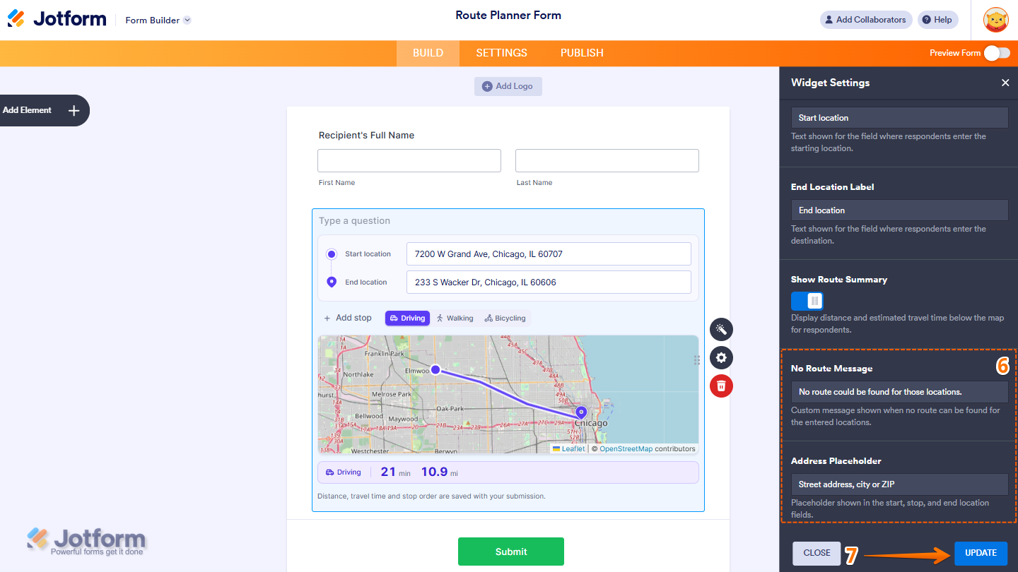 Route Planner Map Widget Settings menu showing the No Route Message and Address Placeholder options for customizing route error messages and location field placeholders, with the Update button at the bottom of the page