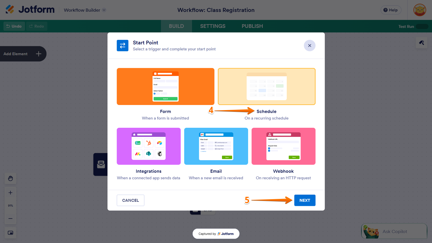Start Point window in Workflow Builder showing the Schedule option selected, with the Next button at the bottom to continue configuring the workflow trigger