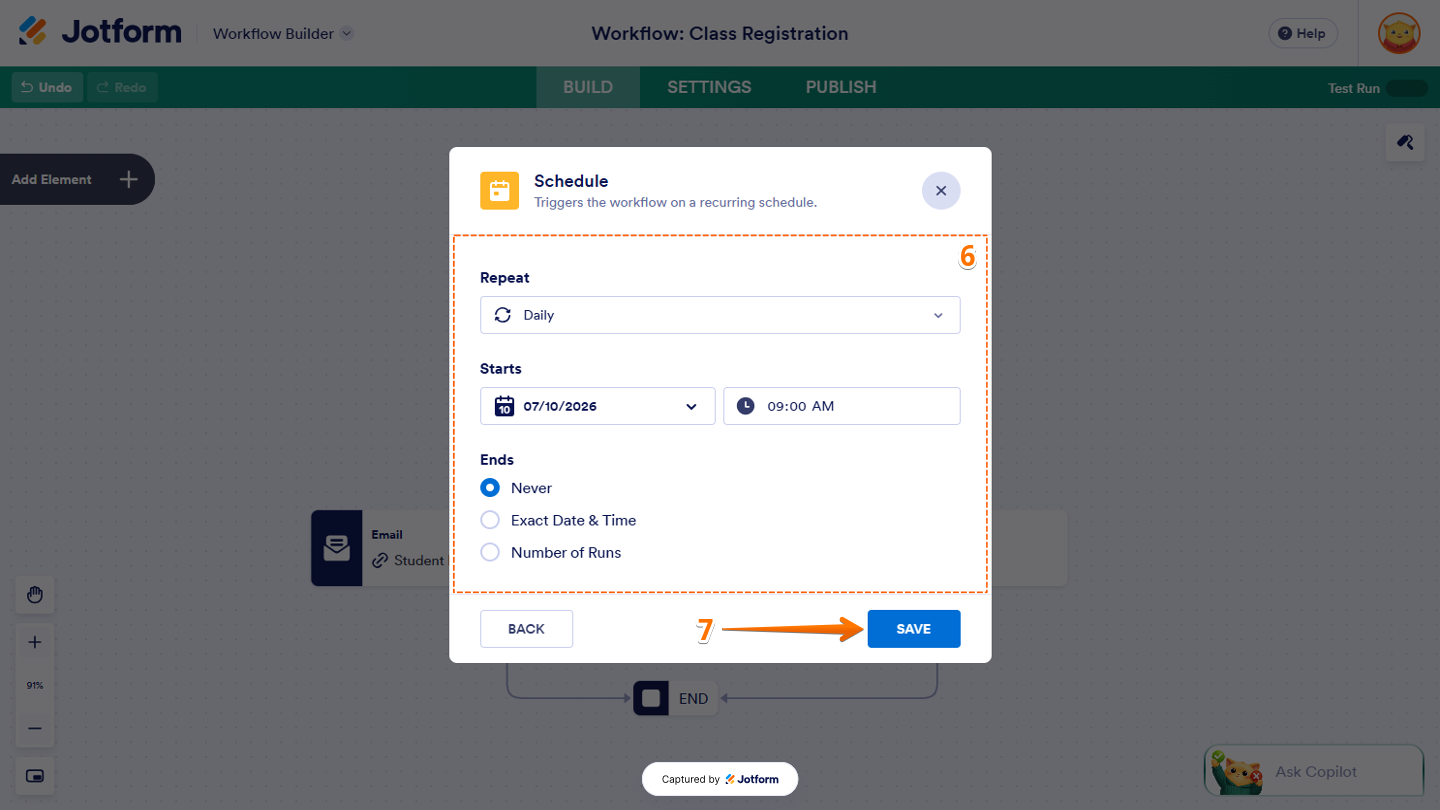 Schedule window in Workflow Builder showing the Repeat, Starts, and Ends settings for configuring the workflow frequency, start date and time, and end conditions, including Never, Exact Date & Time, and Number of Runs, with the Save button to apply the schedule