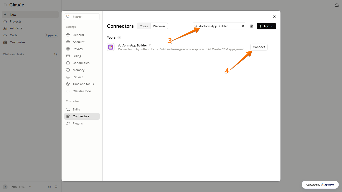 Claude Connectors window displaying the Search bar with Jotform App Builder entered and the Connect button next to Jotform App Builder to add the connector