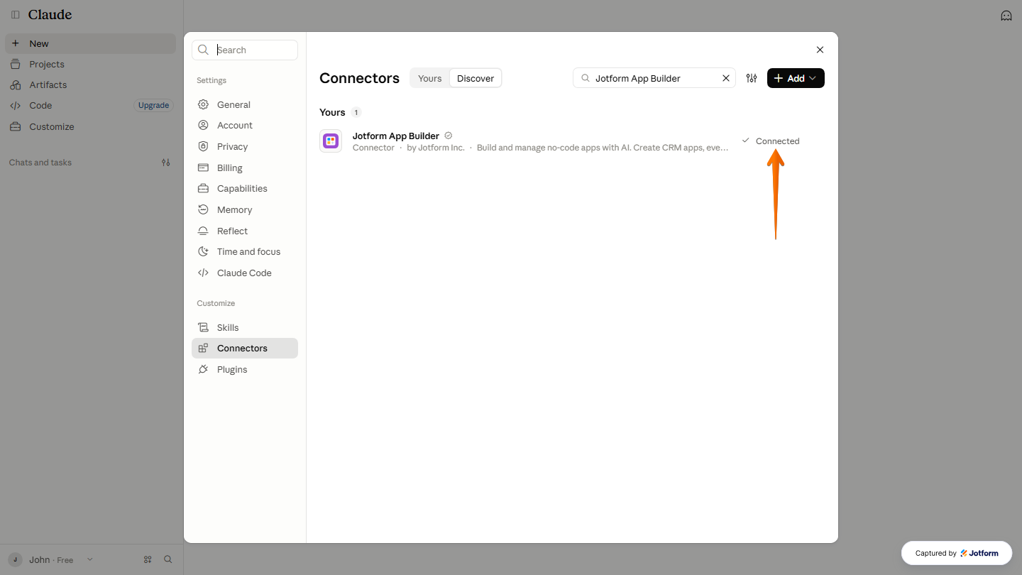 Claude Connectors window displaying the Jotform App Builder connector with a checkmark indicating that it has been connected successfully