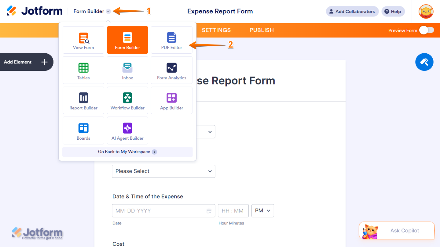 Form Builder showing the Downward Arrow icon next to the Jotform logo in the top-left corner, with the dropdown menu open and the PDF Editor option ready to be selected