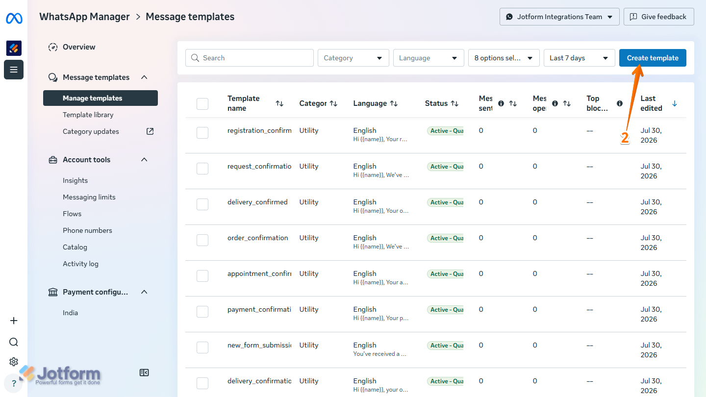 Create Template button in WhatsApp Manager page