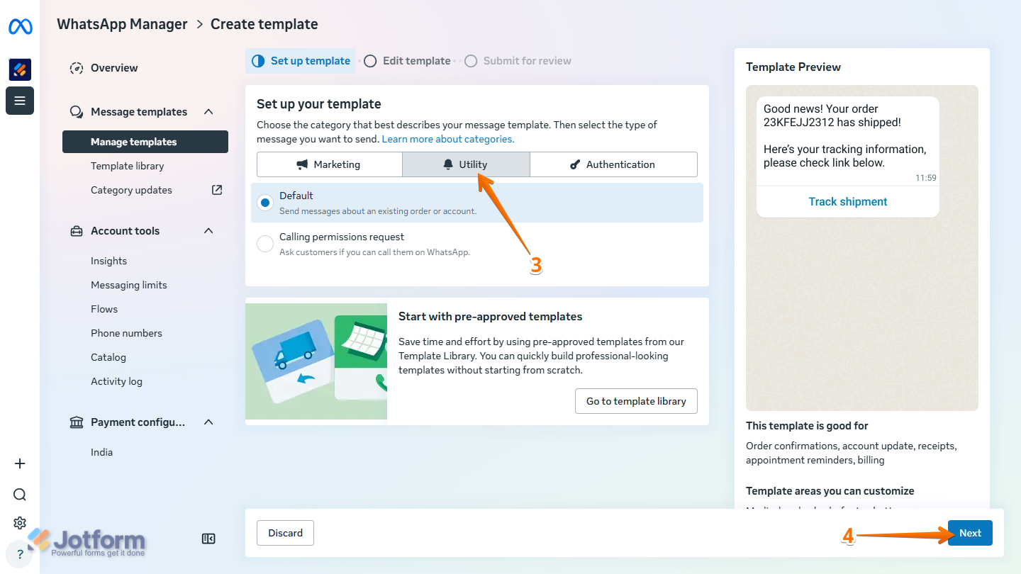 Utility option in Create Template settings in WhatsApp Manager page