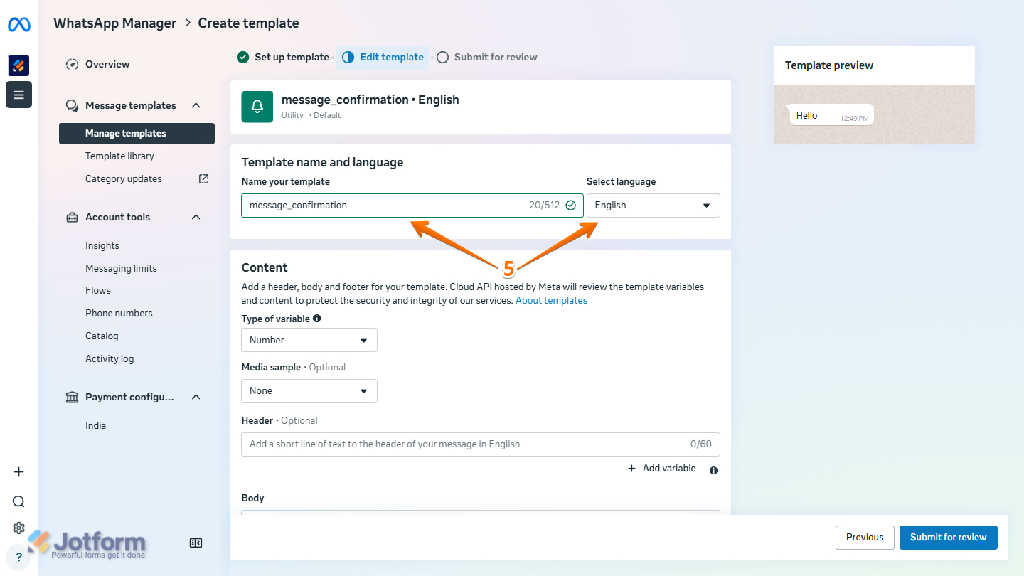 Template Name and Language options in WhatsApp Create Template settings