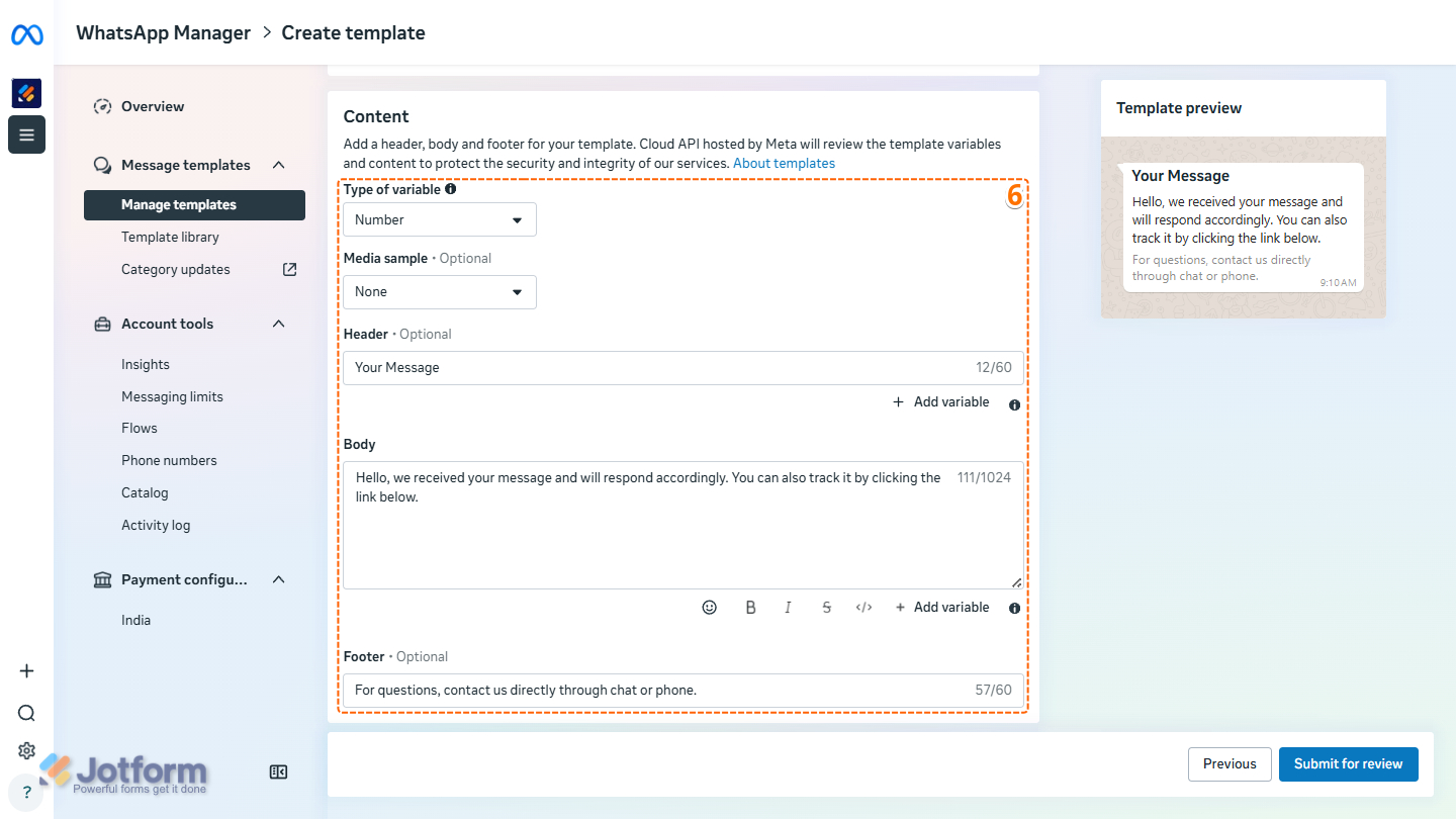 Content options in WhatsApp Create Template settings