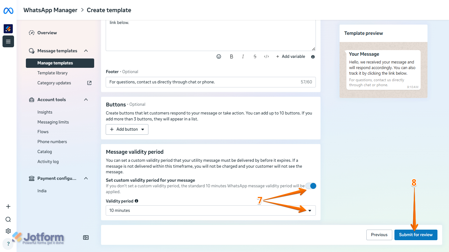 Message Validity Period option in WhatsApp Create Template settings