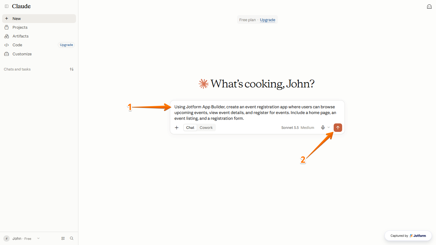Claude chat interface displaying a prompt to create an event registration app using Jotform App Builder, with the Upward Arrow icon on the right side of the chat box to submit the request